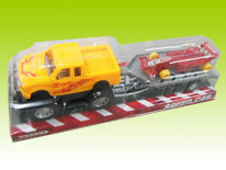 Item 669694 Friction Pickup Truck with Trailer and F1 Racer Toy Friction Vehicle for Kids